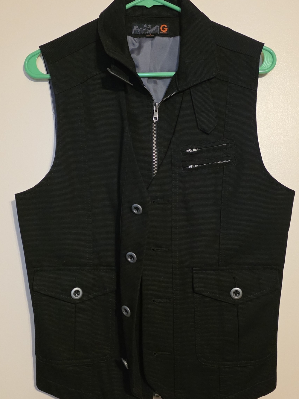 G by Guess Black Men's Utility Vest with Zip and Button Front